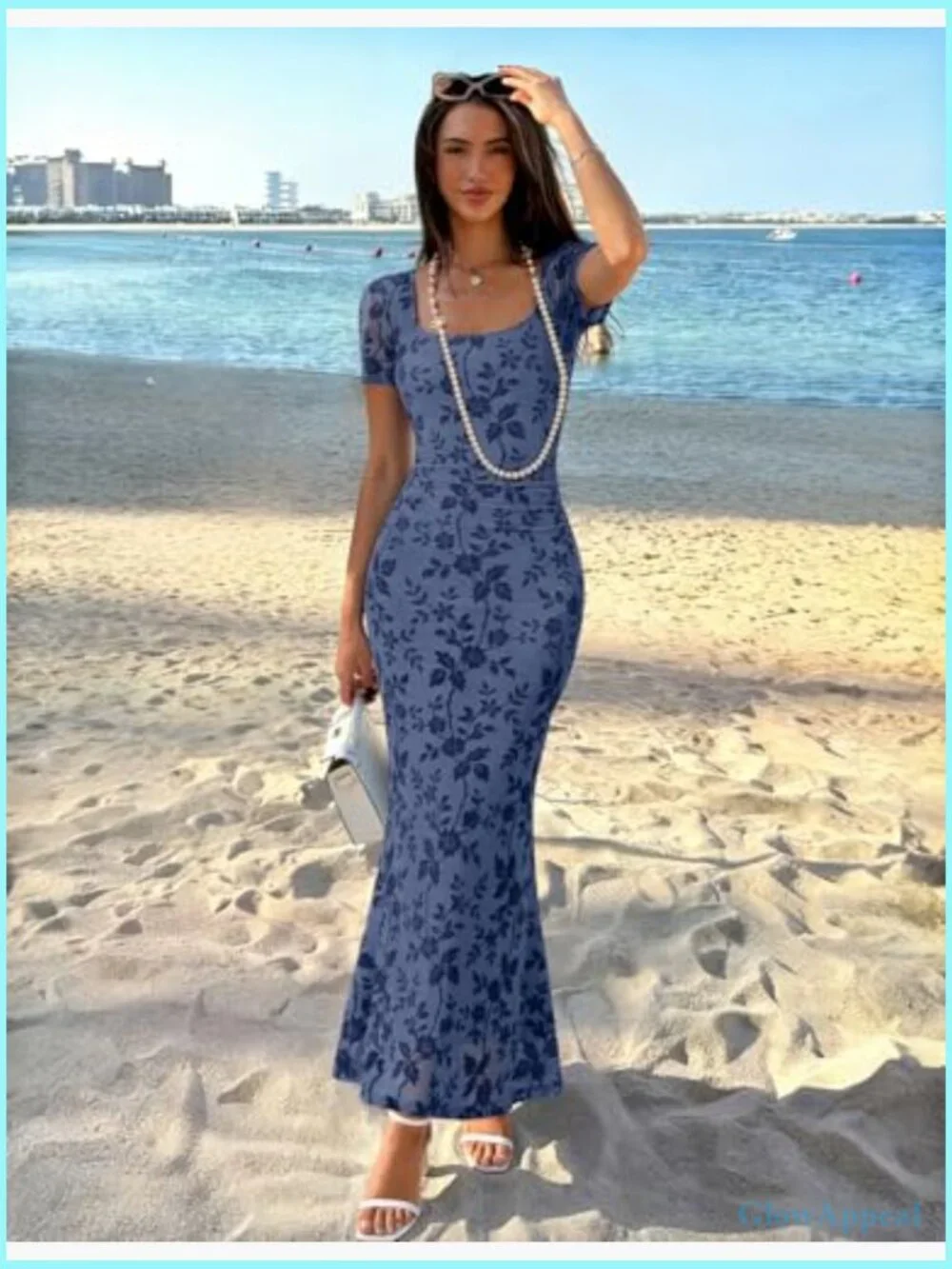 Women Square Neck Mermaid Maxi Dress Short Sleeve Floral Bodycon Formal - Picture 7 of 7